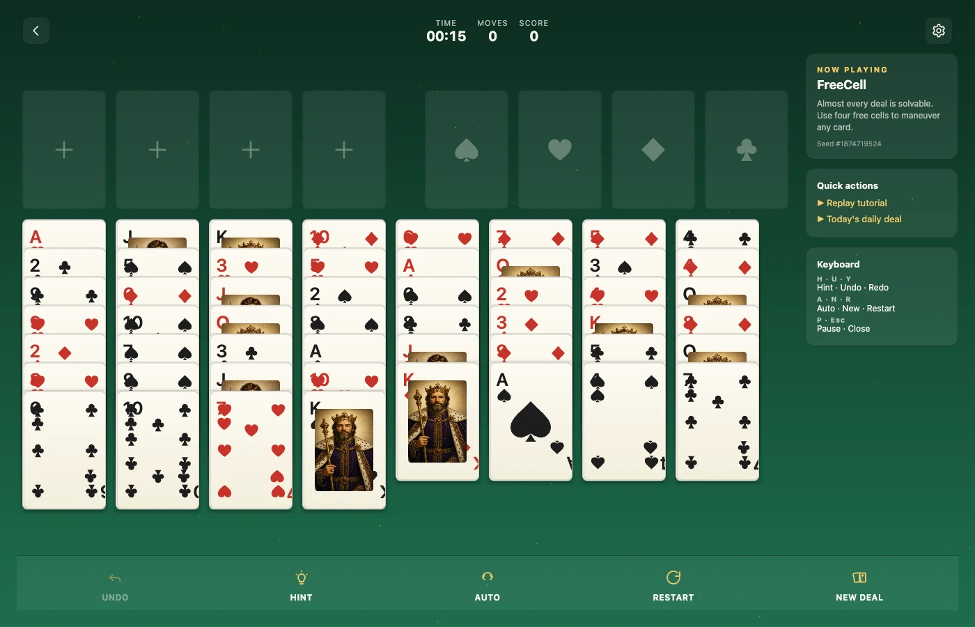 FreeCell board mid-play, rendered in the Jumbo Accessible — paper deck.