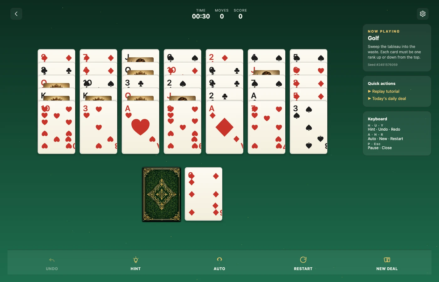 Golf board mid-play, rendered in the Art Deco — champagne on onyx deck.