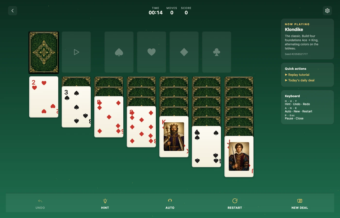 Klondike board mid-play, rendered in the Standard Classic — green felt deck.