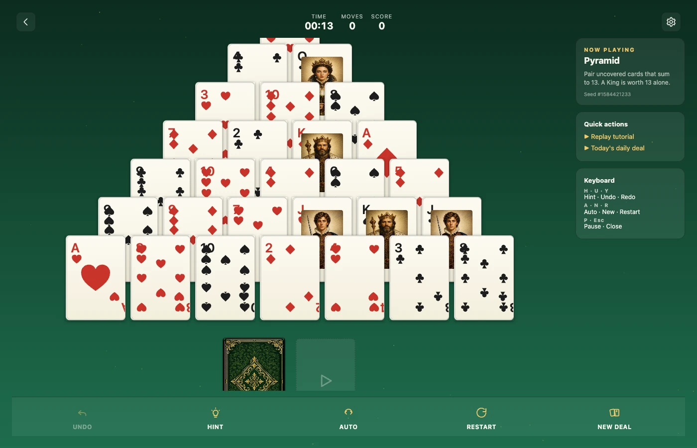Pyramid board mid-play, rendered in the Fantasy Arcana — nebula sky deck.
