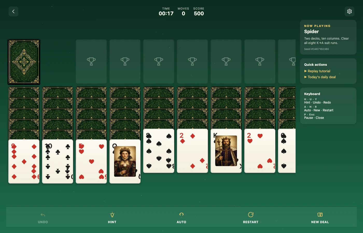 Spider board mid-play, rendered in the Royal Renaissance — burgundy velvet deck.